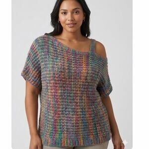 Vintage Crochet Bright Multicolor Medium One Shoulder Lightweight Boho Sweater